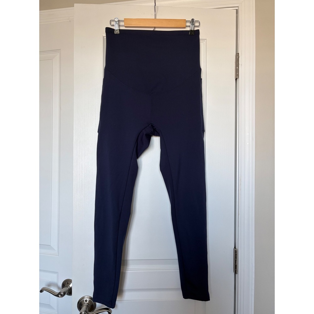 Maternity Fleece Lined High Waist Leggings Navy Blue with Pockets Size L